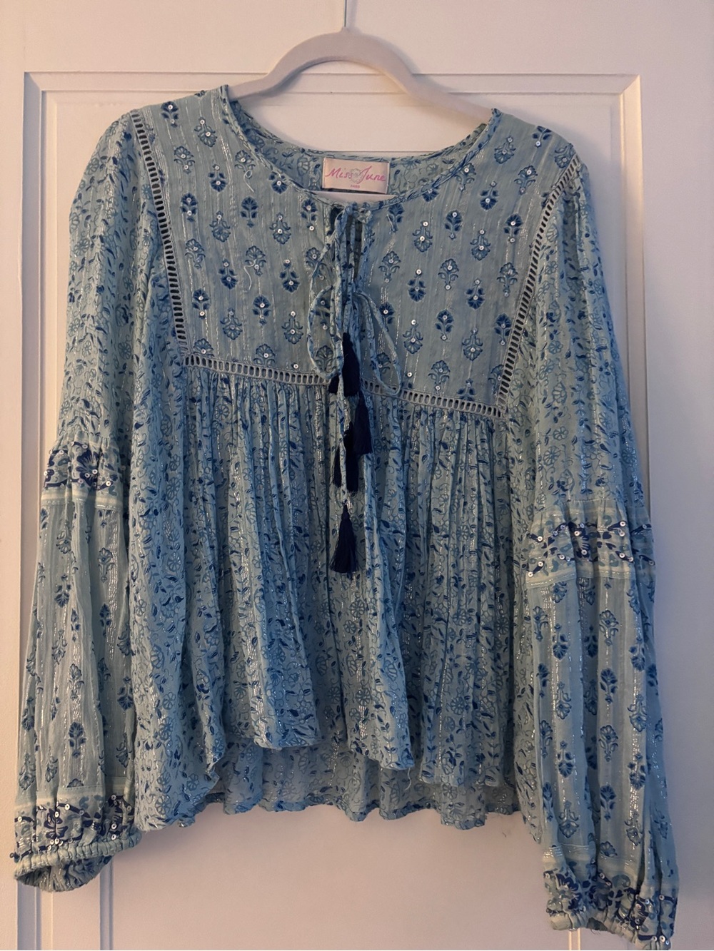Miss June Light Blue Floral Peasant Blouse with Tassel Tie - never worn